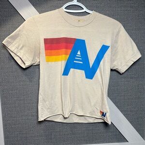 Aviator Nation Cream Tee with Blue Logo and Stripes